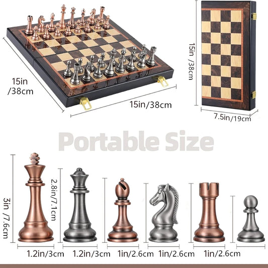 High-end metal chess set 38cm/15inch folding chessboard lacquered metal zinc alloy chess pieces including 2 additional queens echecs boutique
