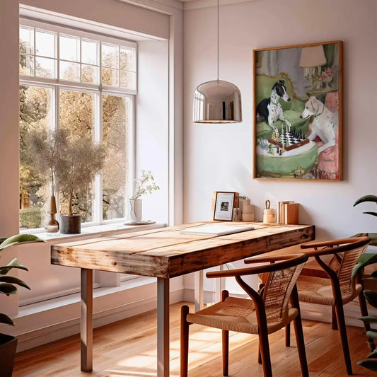 Tableau dans un câdre moderne représentant dueux chiens en pleine partie d'échecs