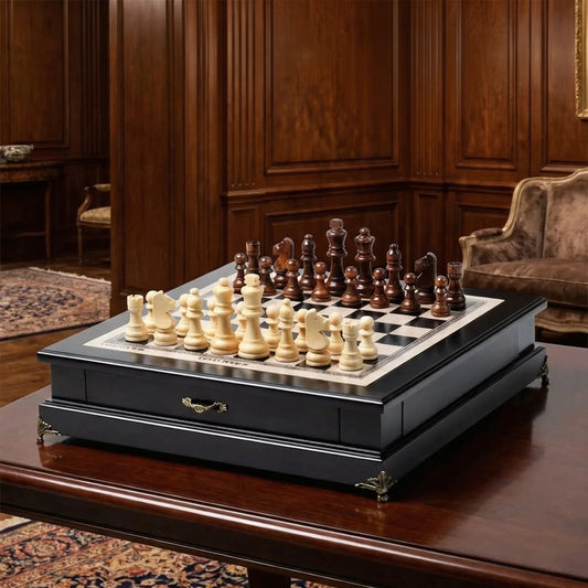 Un élégant jeu d’échecs en bois posé sur une table sombre, avec un paquet cadeau discret à côté et une lumière chaude. Ambiance cadeau haut de gamme.