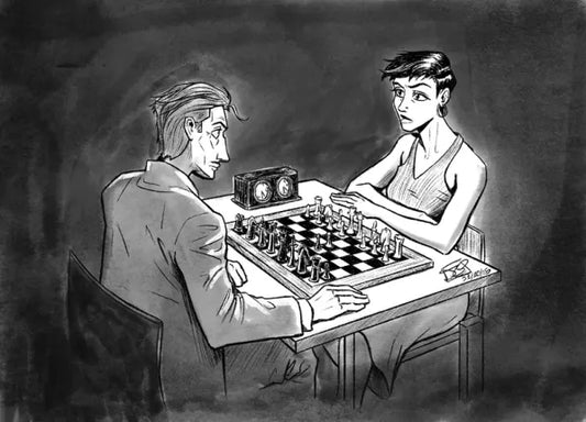 Un débutant devant un échiquier, avec un carnet d’apprentissage, une horloge d’échecs et quelques pièces déplacées. Progression visuelle suggérée.