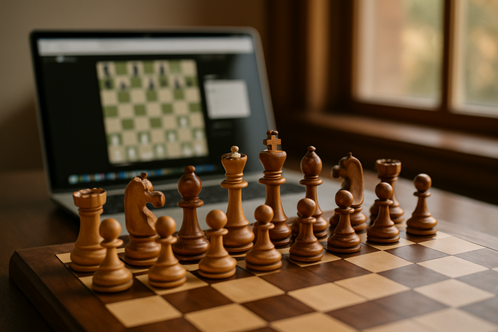 Ordinateur portable affichant deux interfaces de plateformes d’échecs en ligne, avec un échiquier au premier plan. Visuel comparatif, sans logo dominant.