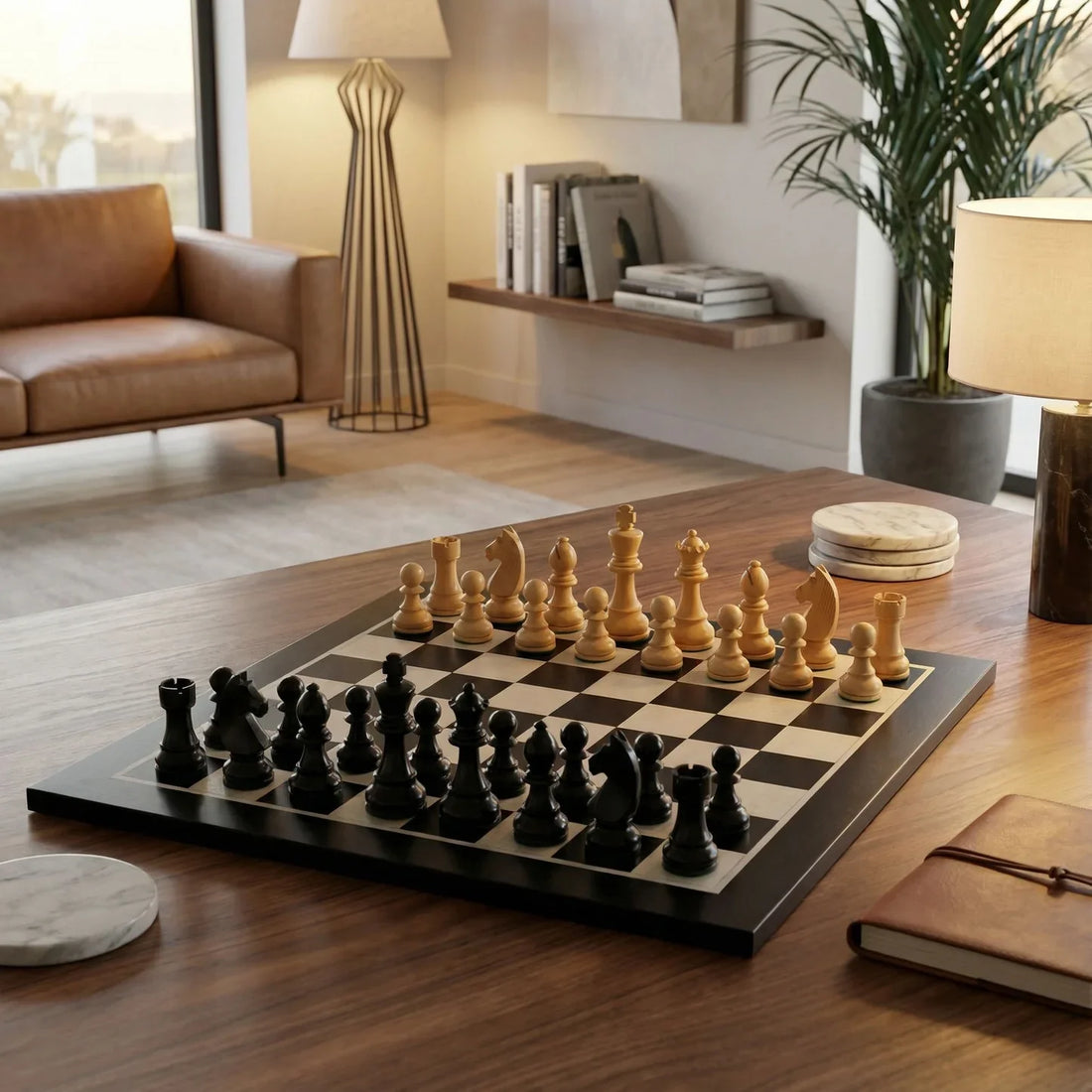 Salon moderne et luxueux inspiré des échecs, avec échiquier décoratif, pièces sculpturales, coussins noir et blanc et quelques éléments graphiques.