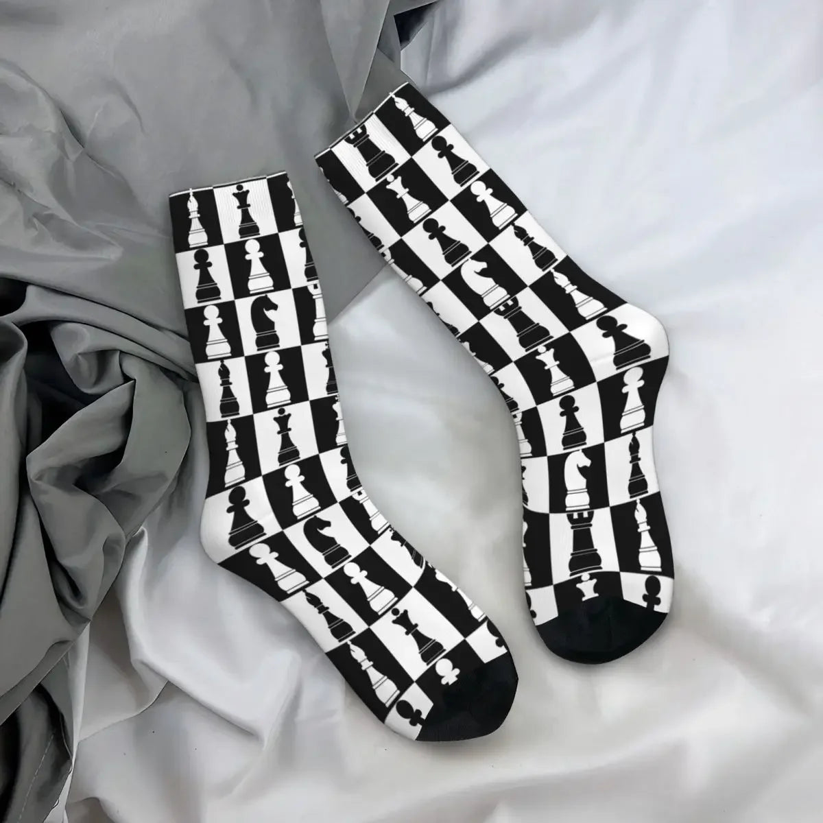 Chaussettes hautes motif échiquier noir blanc unisexe douces flexibles
