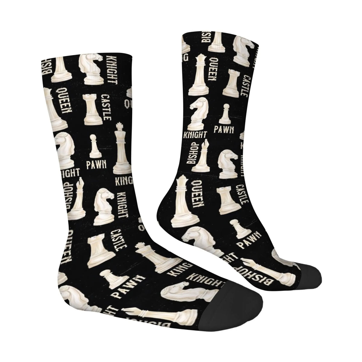 Chaussettes noires motif pièces échecs noms roi reine cavalier tour