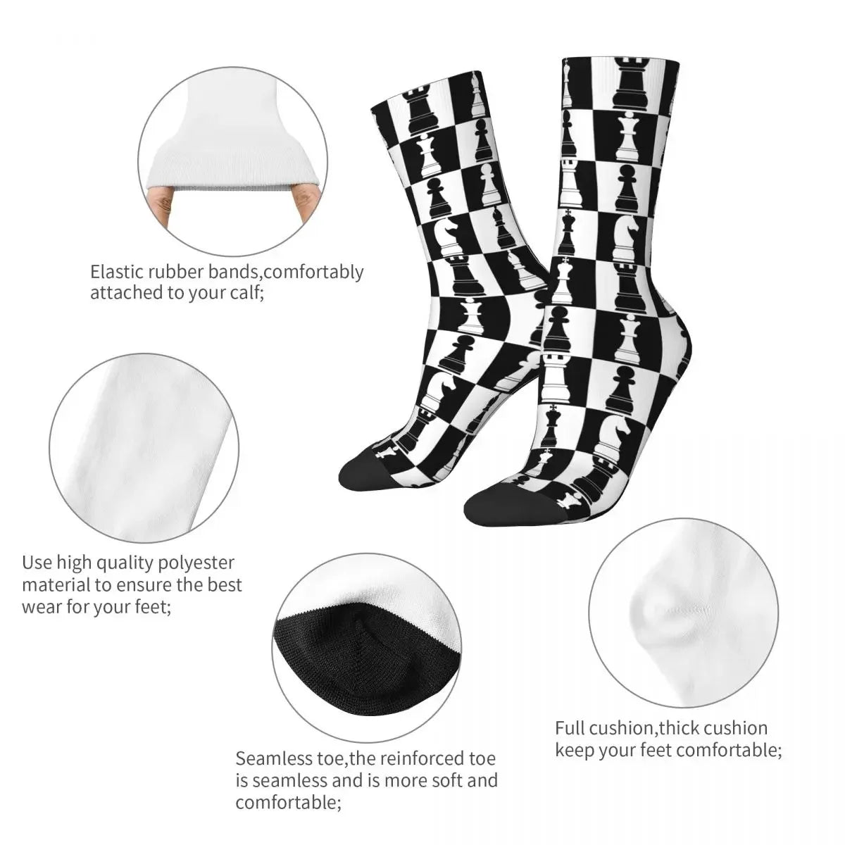 Chaussettes hautes motif échiquier noir blanc unisexe douces flexibles