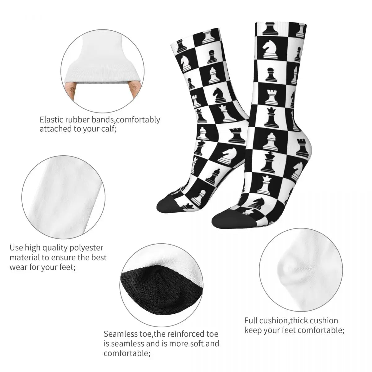 Chaussettes longues motif échiquier noir blanc toutes saisons mixte