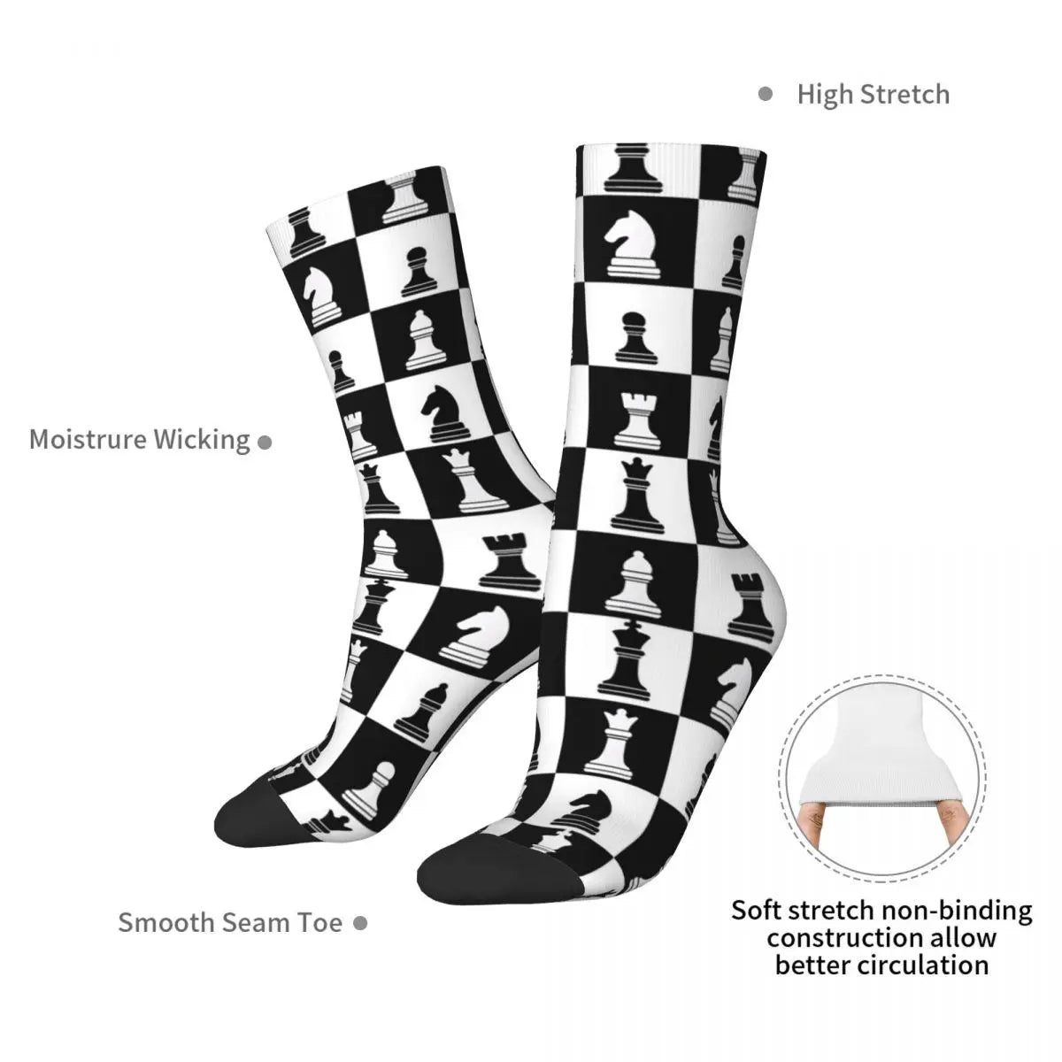 Chaussettes longues motif échiquier noir blanc toutes saisons mixte