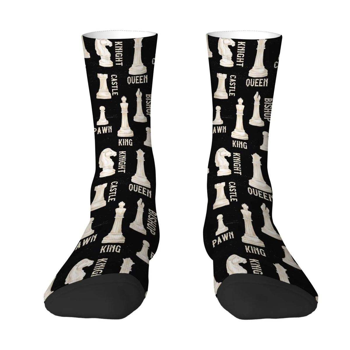 Chaussettes noires motif pièces échecs noms roi reine cavalier tour