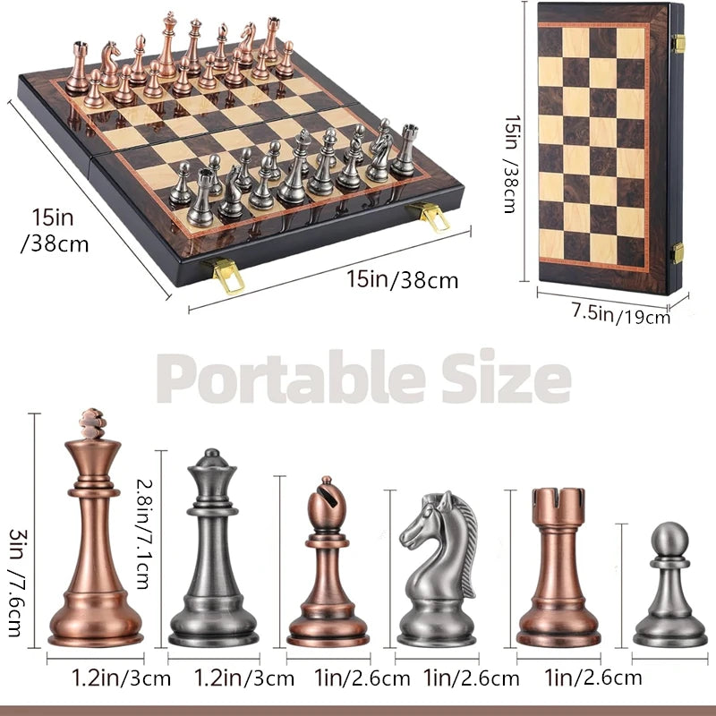 High-end metal chess set 38cm/15inch folding chessboard lacquered metal zinc alloy chess pieces including 2 additional queens echecs boutique