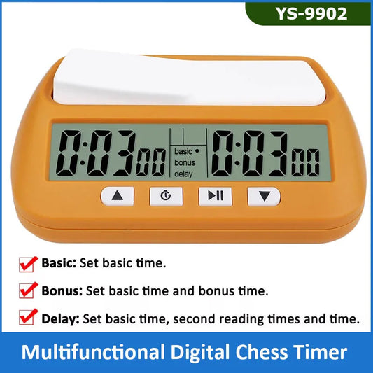 Pendule échecs digitale multifonction orange écran LCD boutons basic bonus delay