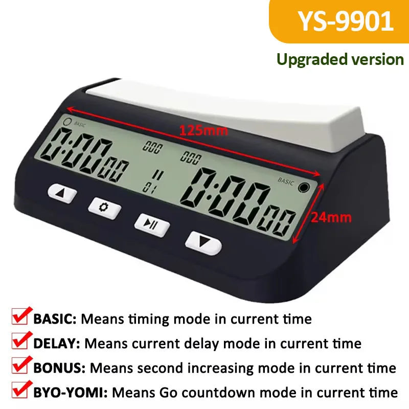 Pendule échecs digitale multifonction noire écran LCD boutons basic bonus delay avec les dimensions