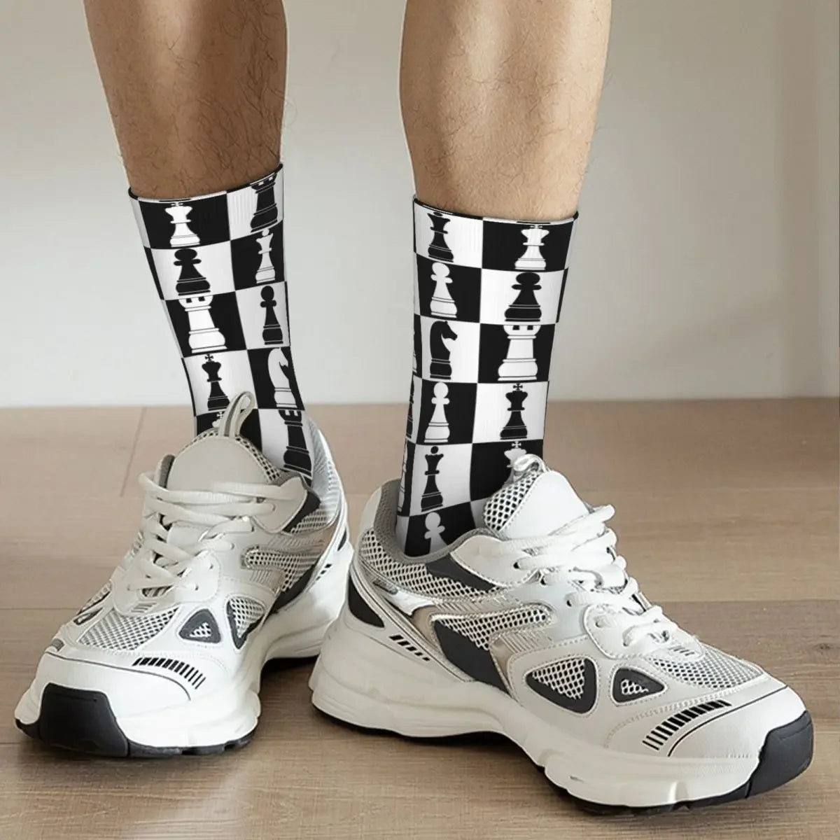 Chaussettes hautes motif échiquier noir blanc unisexe douces flexibles