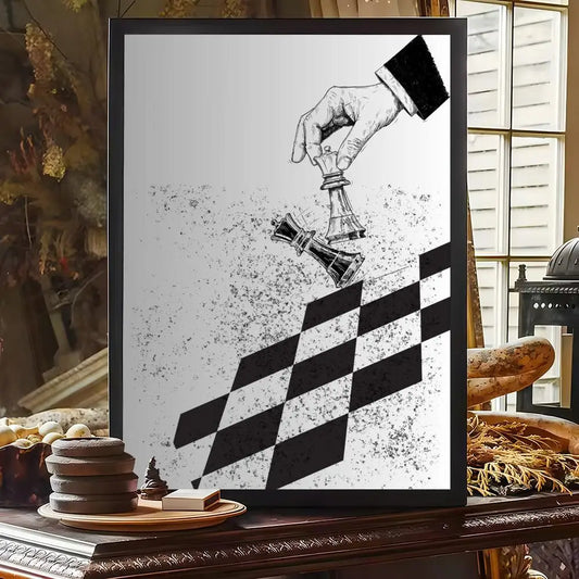 Tableau échecs noir et blanc main posant un cavalier sur échiquier