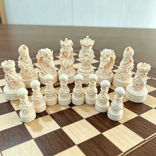 Jeu échecs baroque crâne couronne impression 3D pièces noires blanches collector