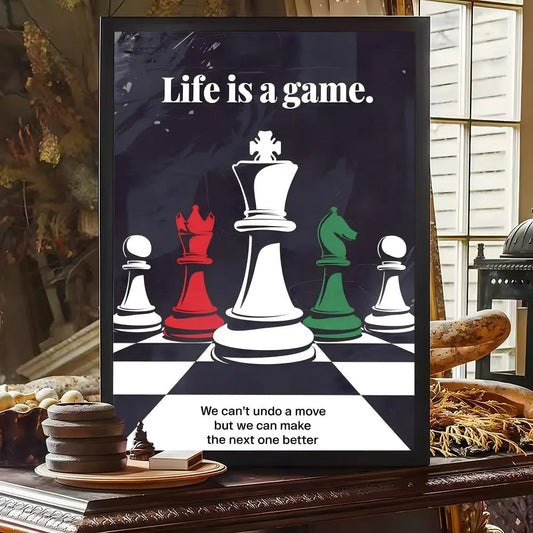 Tableau échecs pions blancs rouges verts citation Life is a Game