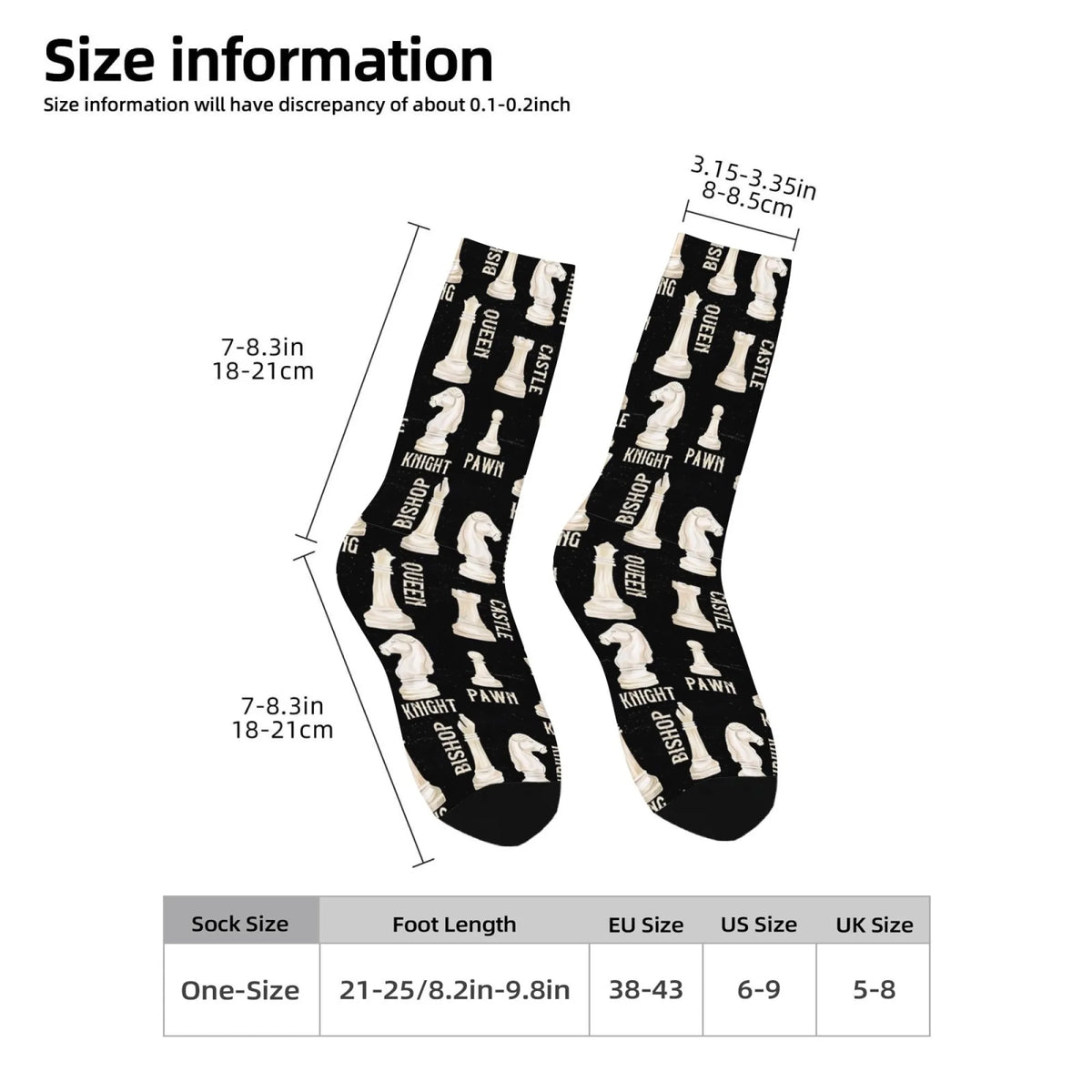 Chaussettes noires motif pièces échecs noms roi reine cavalier tour vec les informations sur la taille