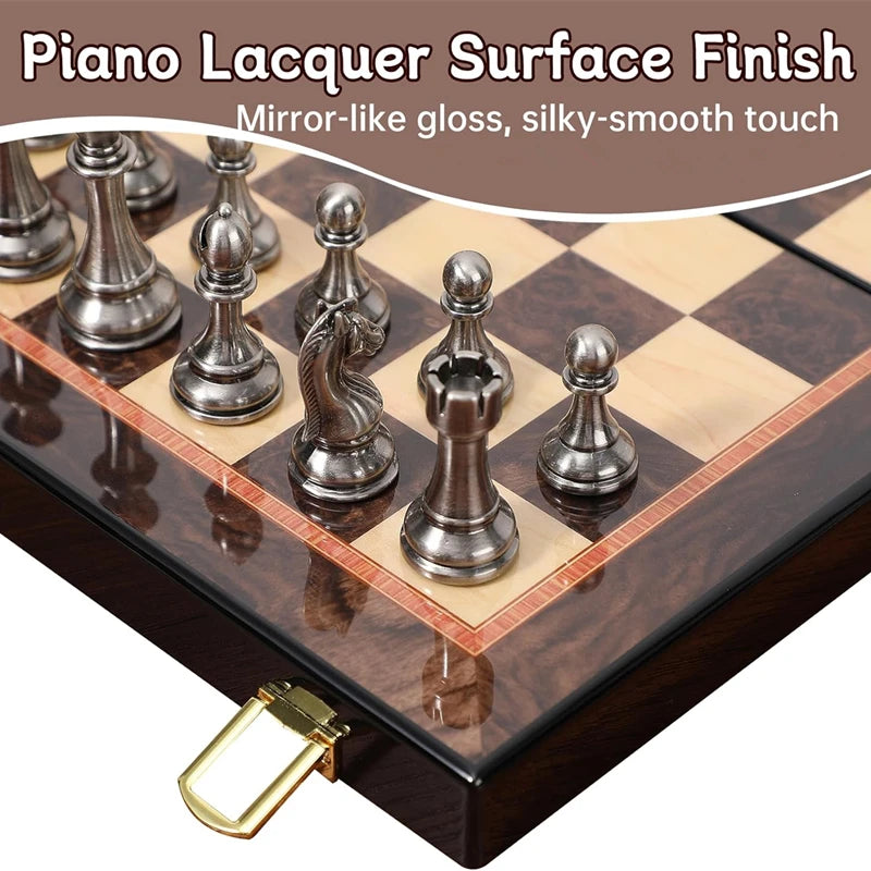 High-end metal chess set 38cm/15inch folding chessboard lacquered metal zinc alloy chess pieces including 2 additional queens echecs boutique