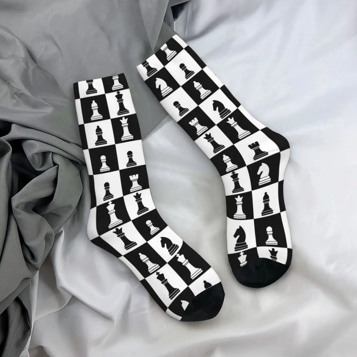 Chaussettes longues motif échiquier noir blanc toutes saisons mixte