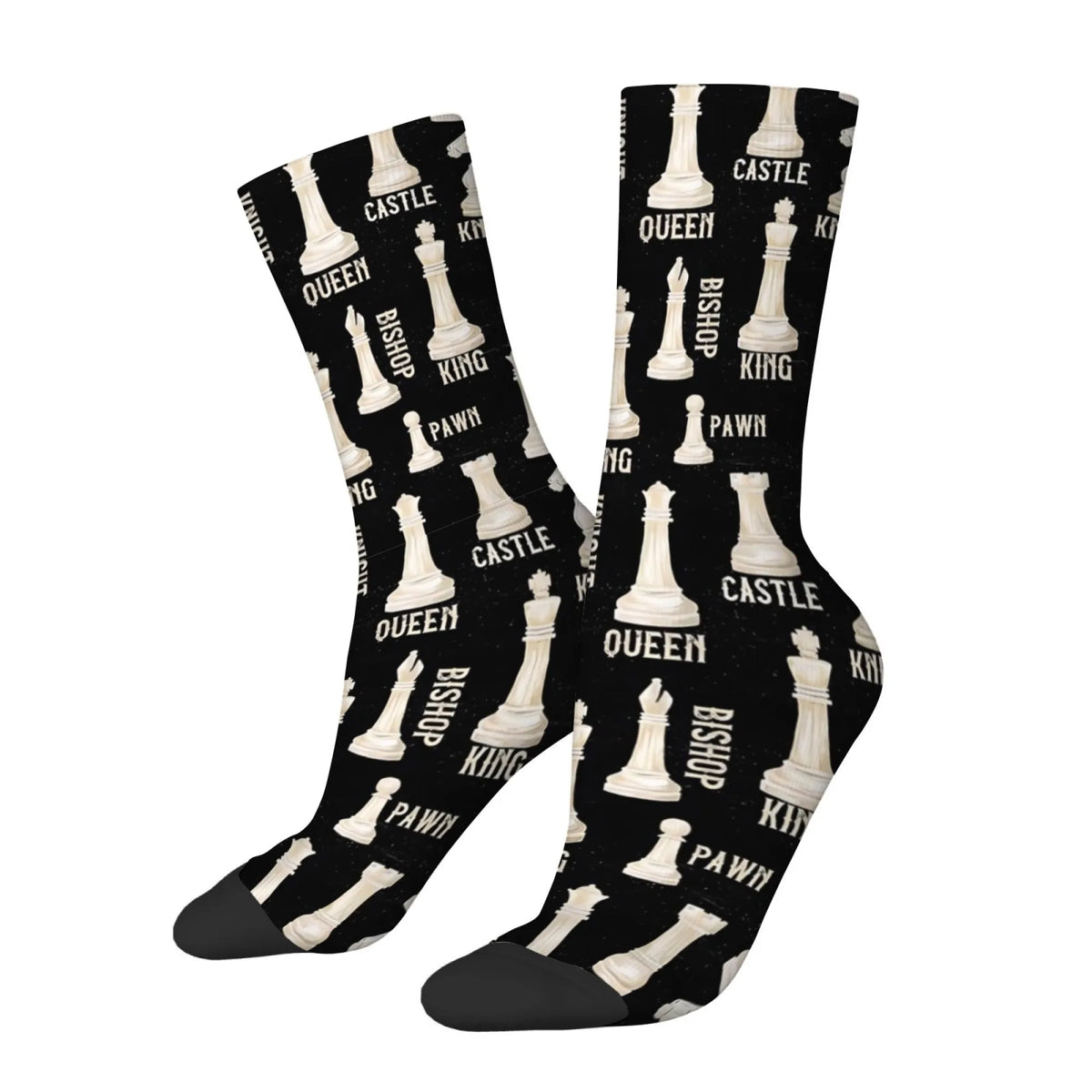Chaussettes noires motif pièces échecs noms roi reine cavalier tour