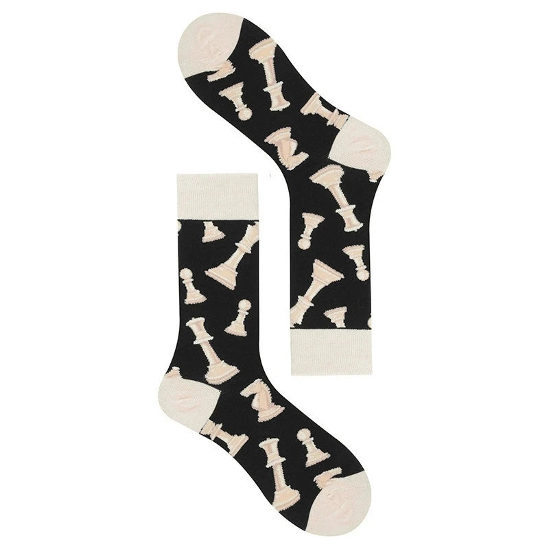 Chaussettes noires beiges motif pièces échecs fun confortables respirantes