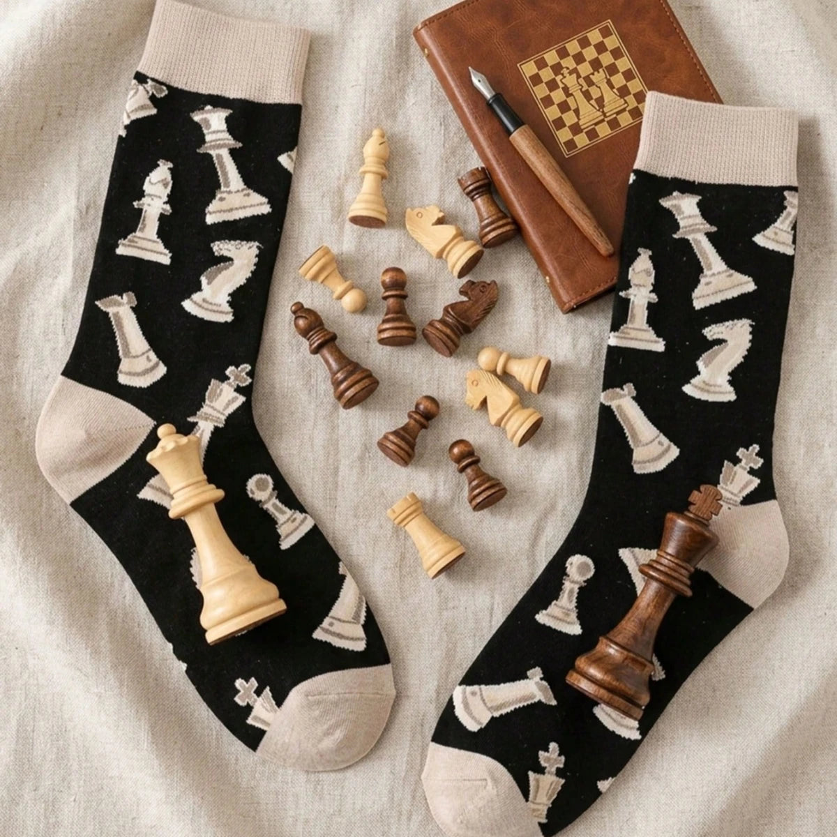 Chaussettes noires beiges motif pièces échecs fun confortables respirantes