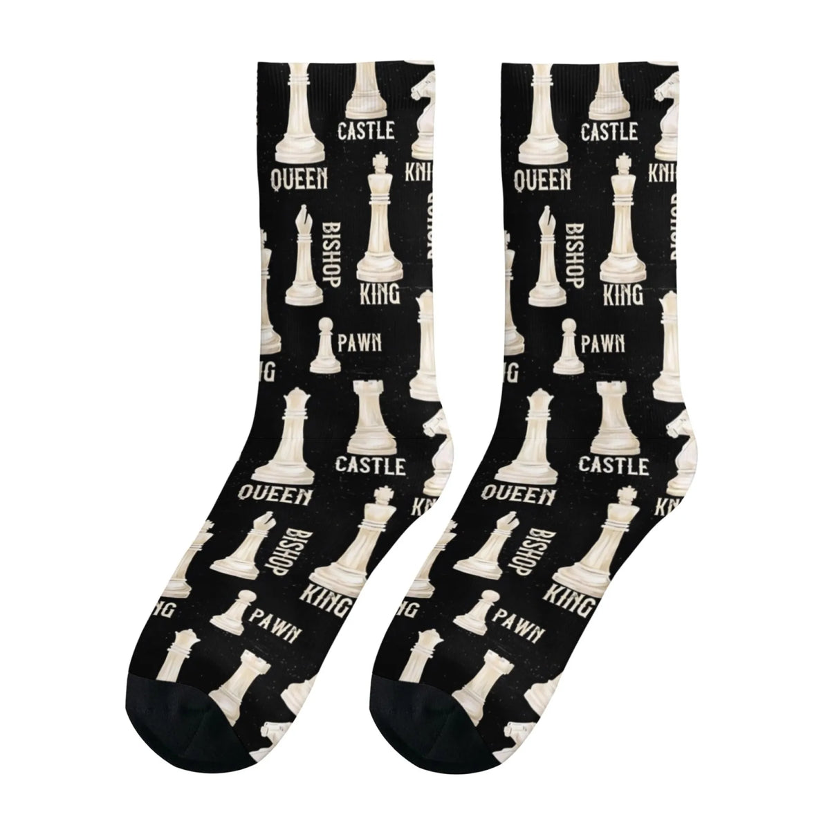 Chaussettes noires motif pièces échecs noms roi reine cavalier tour