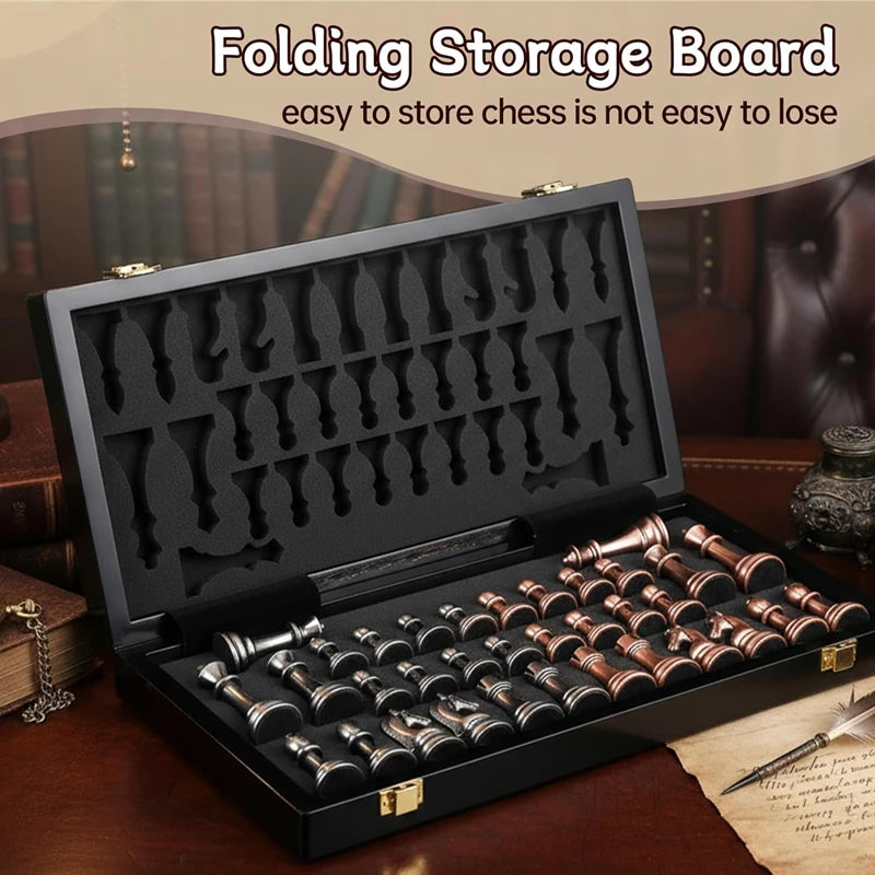 High-end metal chess set 38cm/15inch folding chessboard lacquered metal zinc alloy chess pieces including 2 additional queens echecs boutique