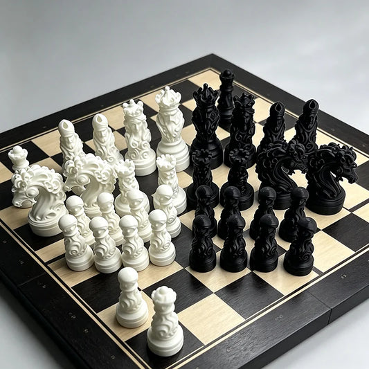 Jeu échecs baroque crâne couronne impression 3D pièces noires blanches collector